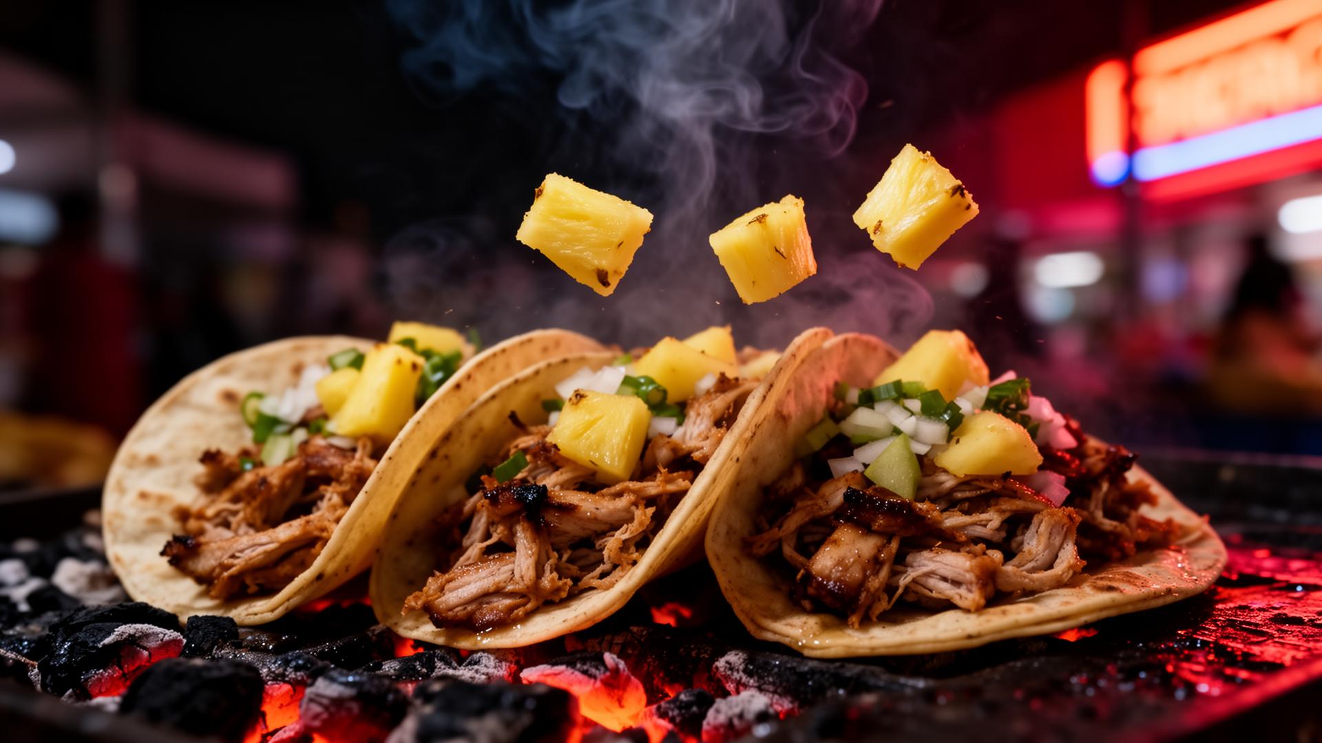 Sizzling al pastor street tacos